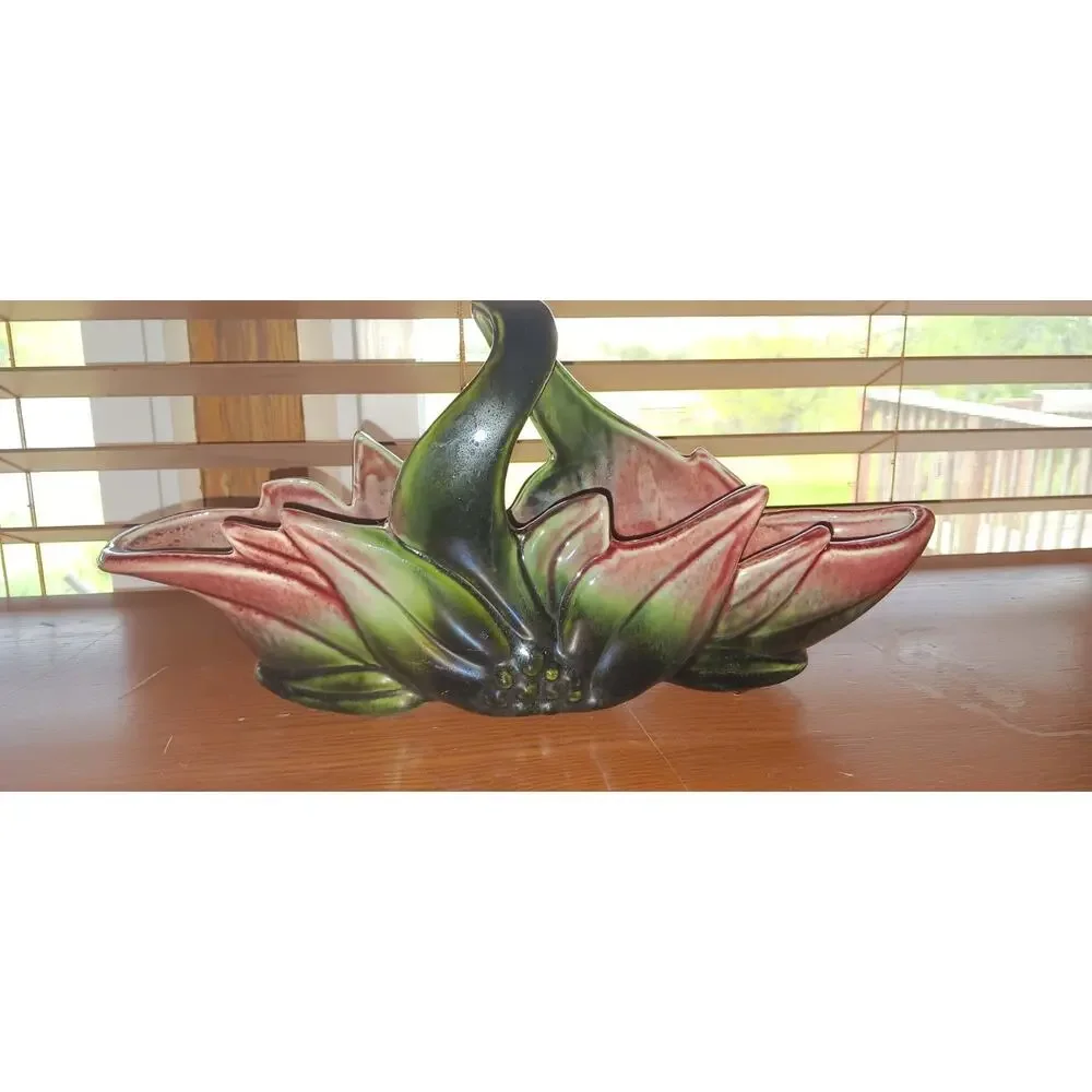 Vintage 1950's Hull Pottery Lotus Planter, Shelf Planter, Pink and Green